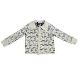 Rodier France Wool Cardigan Ivory Navy Diamond Pattern Sweater Funnel Collar L